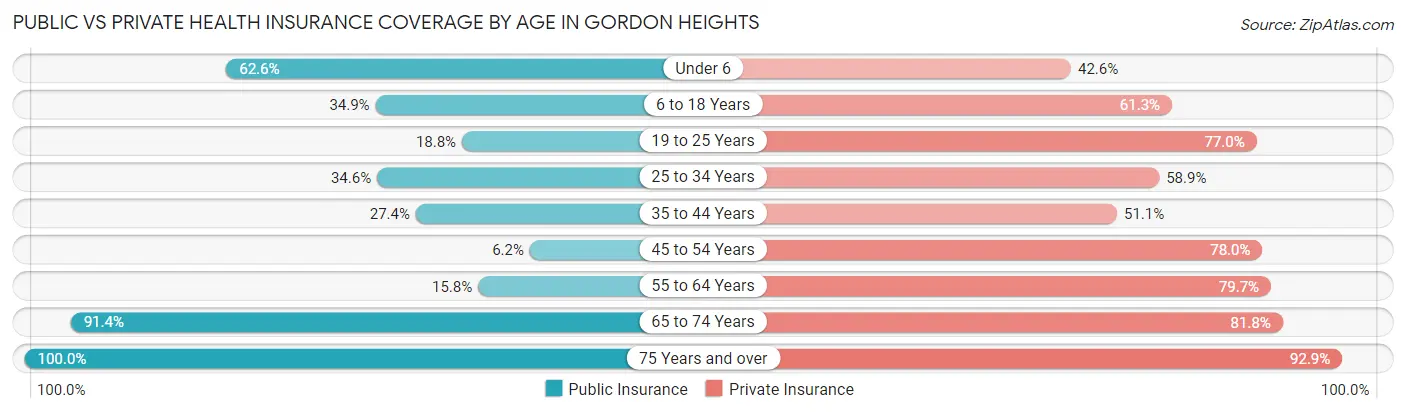 Public vs Private Health Insurance Coverage by Age in Gordon Heights