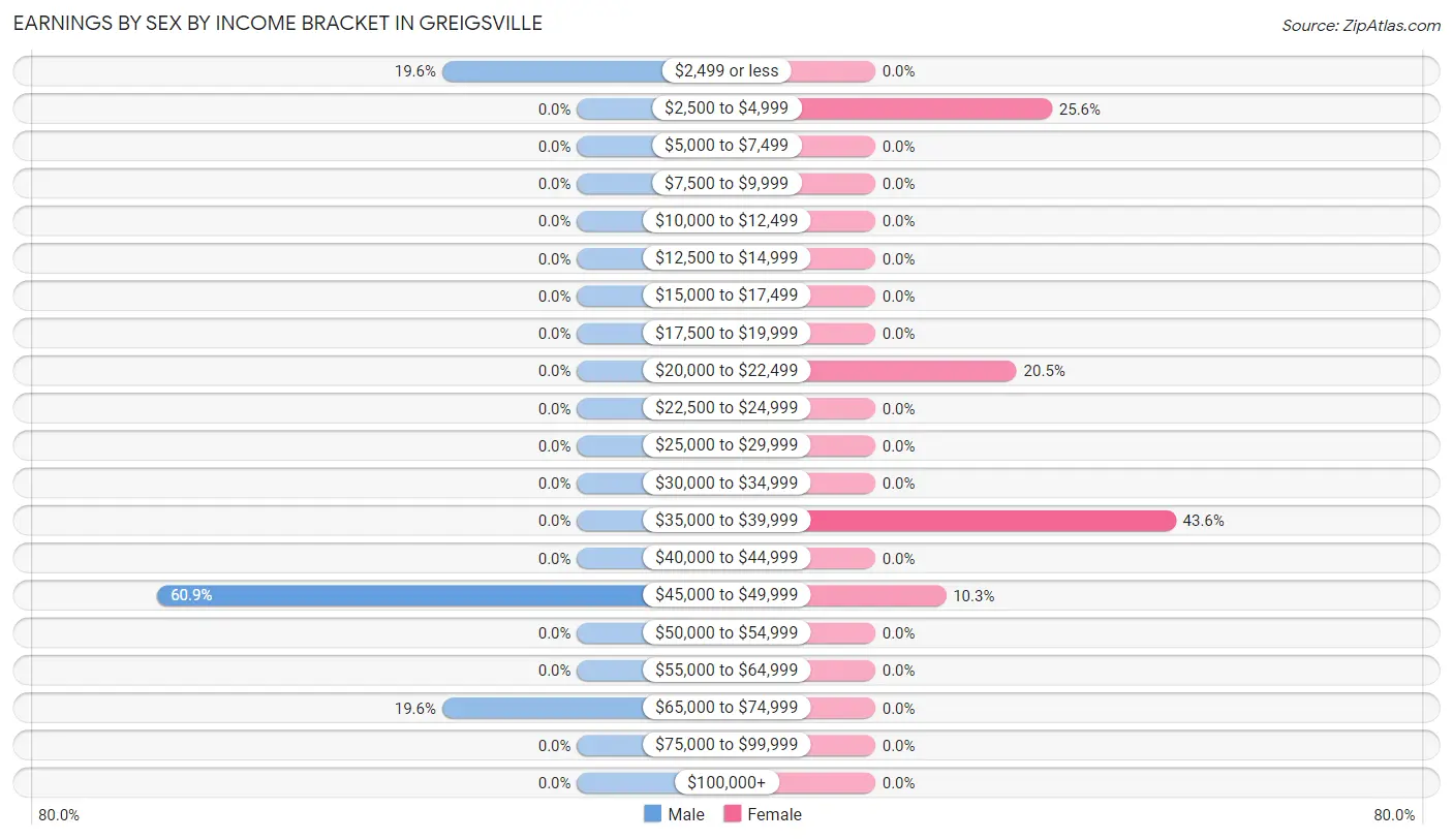 Earnings by Sex by Income Bracket in Greigsville