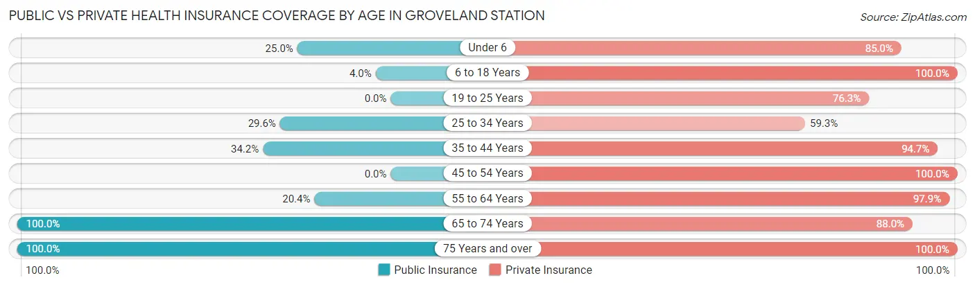 Public vs Private Health Insurance Coverage by Age in Groveland Station