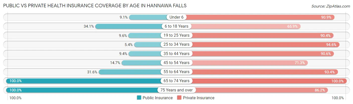 Public vs Private Health Insurance Coverage by Age in Hannawa Falls