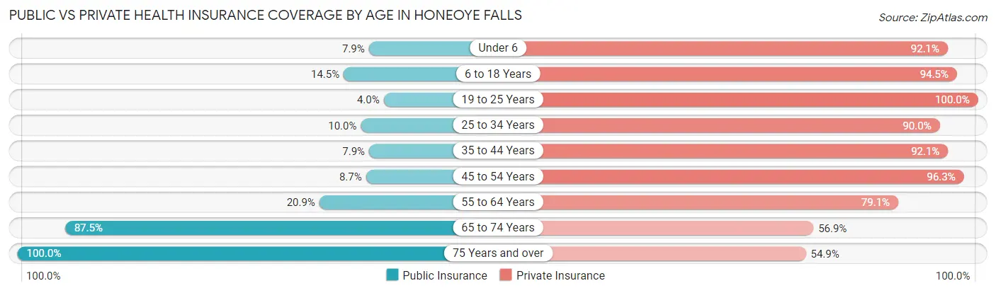 Public vs Private Health Insurance Coverage by Age in Honeoye Falls