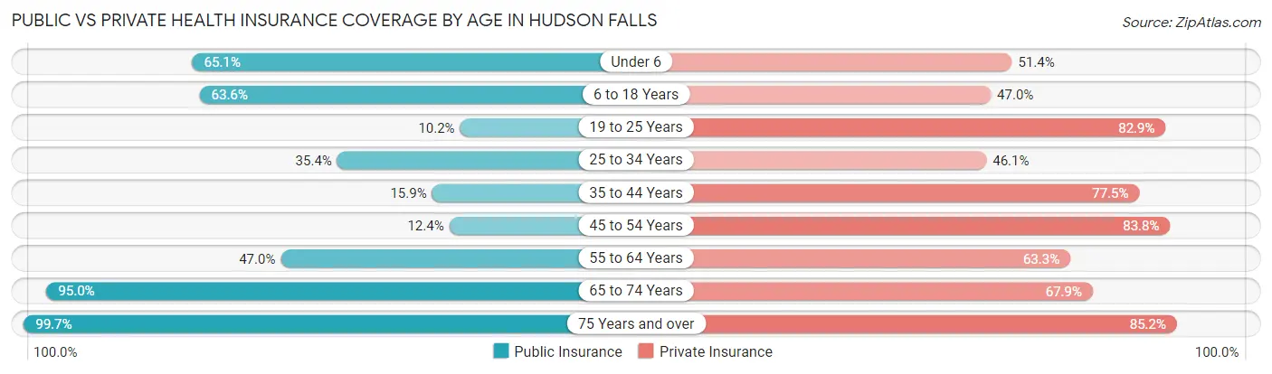 Public vs Private Health Insurance Coverage by Age in Hudson Falls