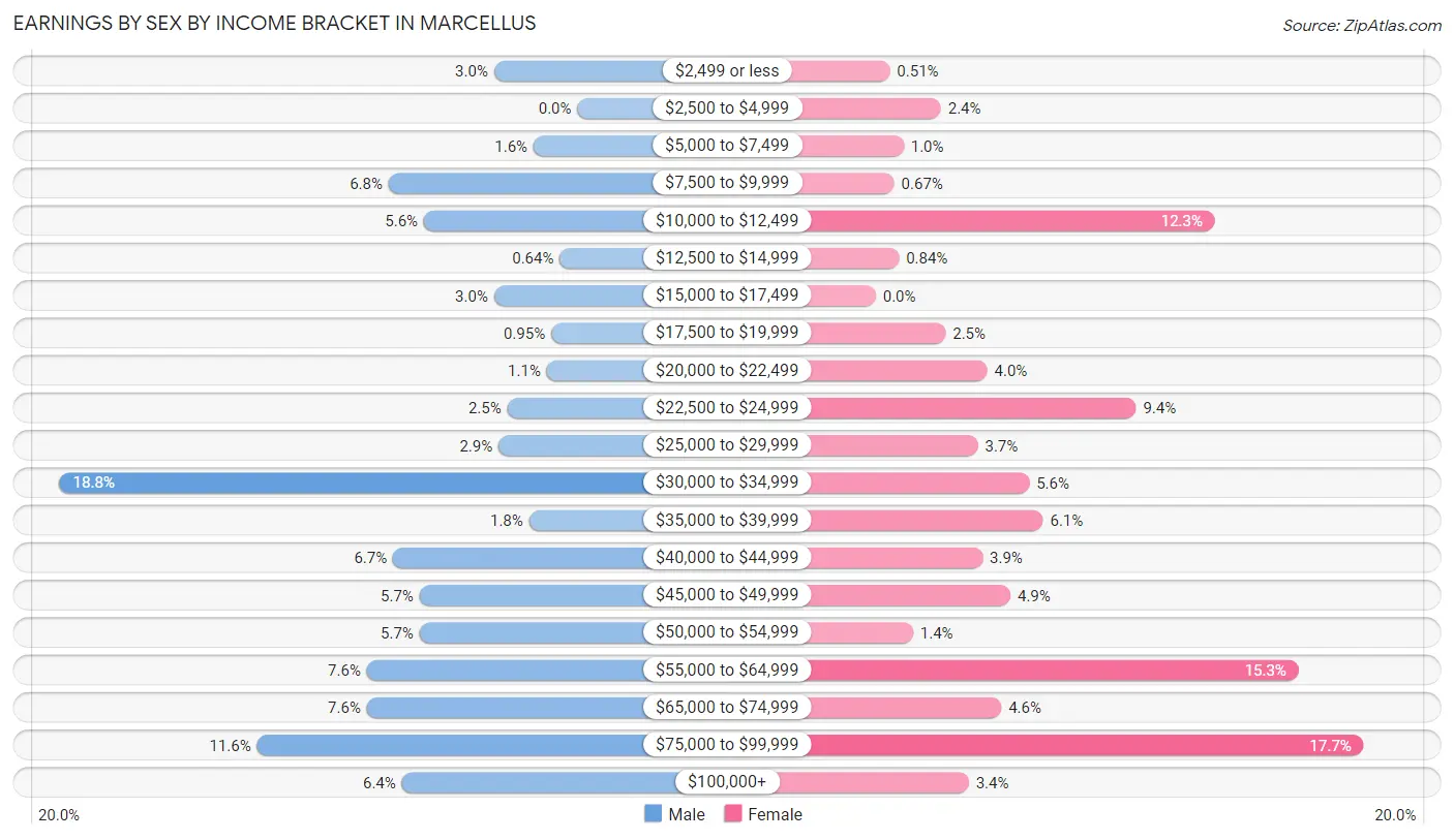 Earnings by Sex by Income Bracket in Marcellus