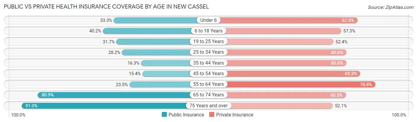 Public vs Private Health Insurance Coverage by Age in New Cassel