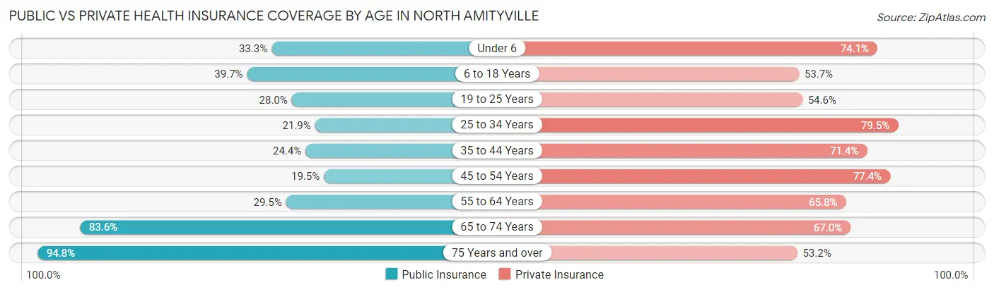 Public vs Private Health Insurance Coverage by Age in North Amityville