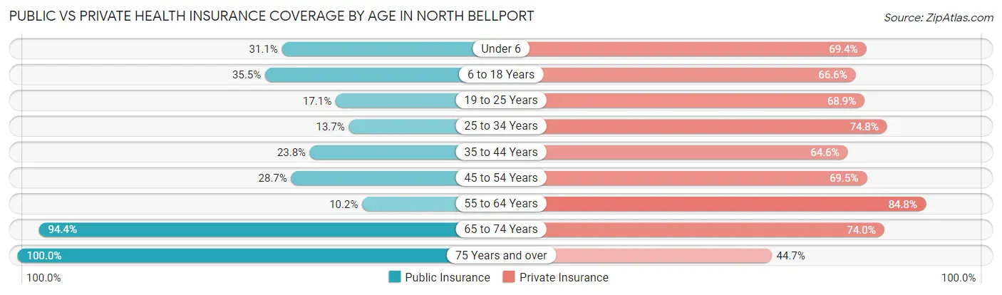 Public vs Private Health Insurance Coverage by Age in North Bellport