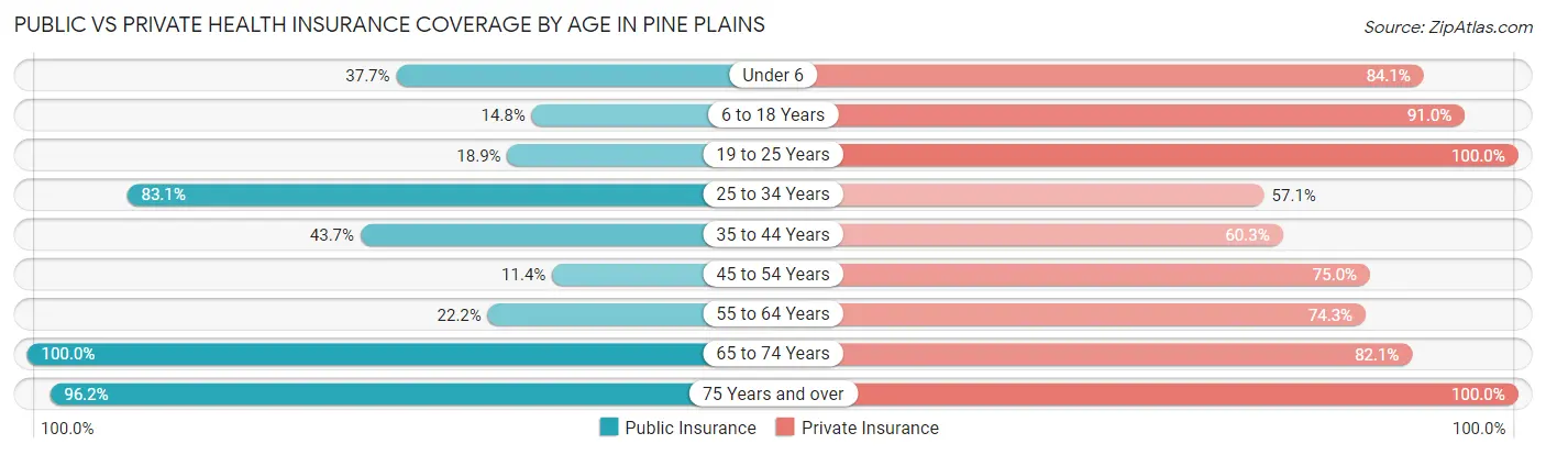 Public vs Private Health Insurance Coverage by Age in Pine Plains