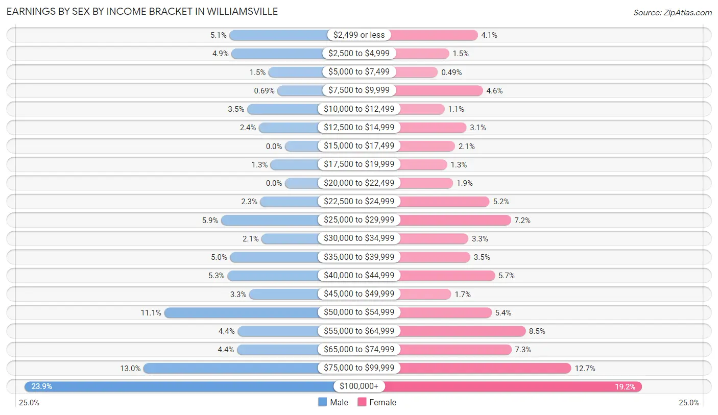 Earnings by Sex by Income Bracket in Williamsville