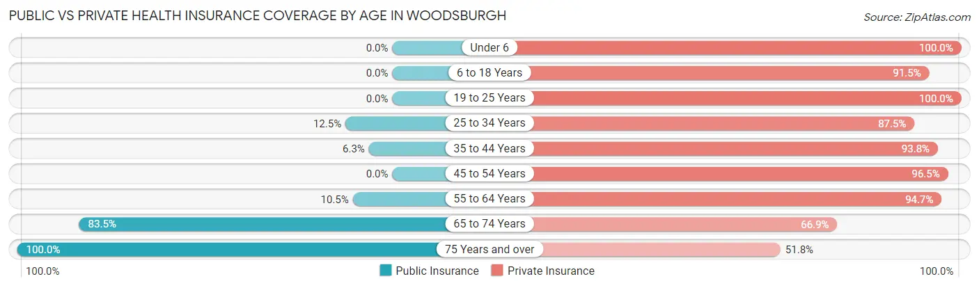 Public vs Private Health Insurance Coverage by Age in Woodsburgh