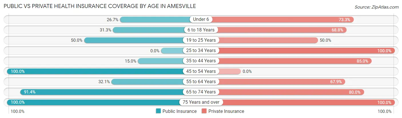 Public vs Private Health Insurance Coverage by Age in Amesville