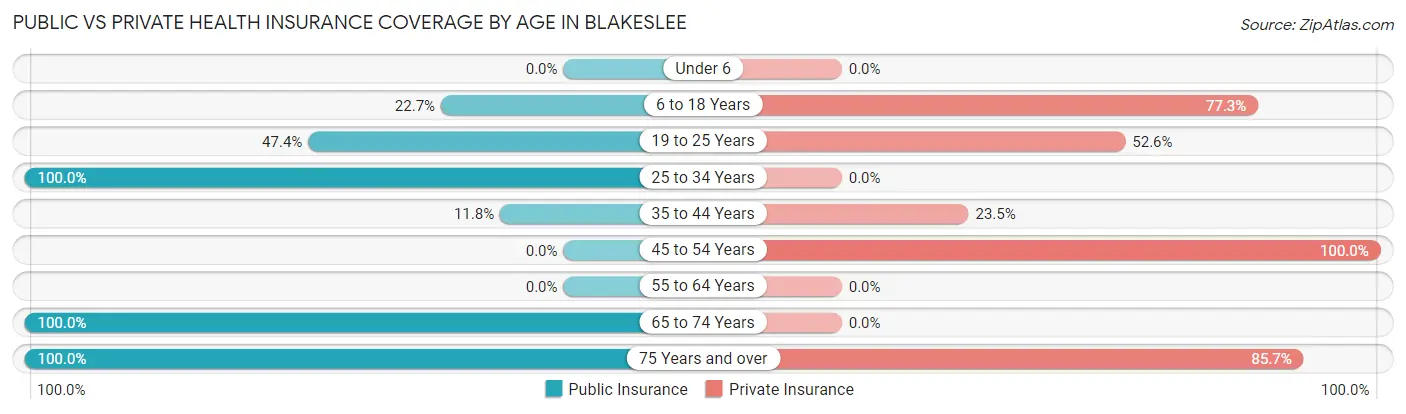 Public vs Private Health Insurance Coverage by Age in Blakeslee