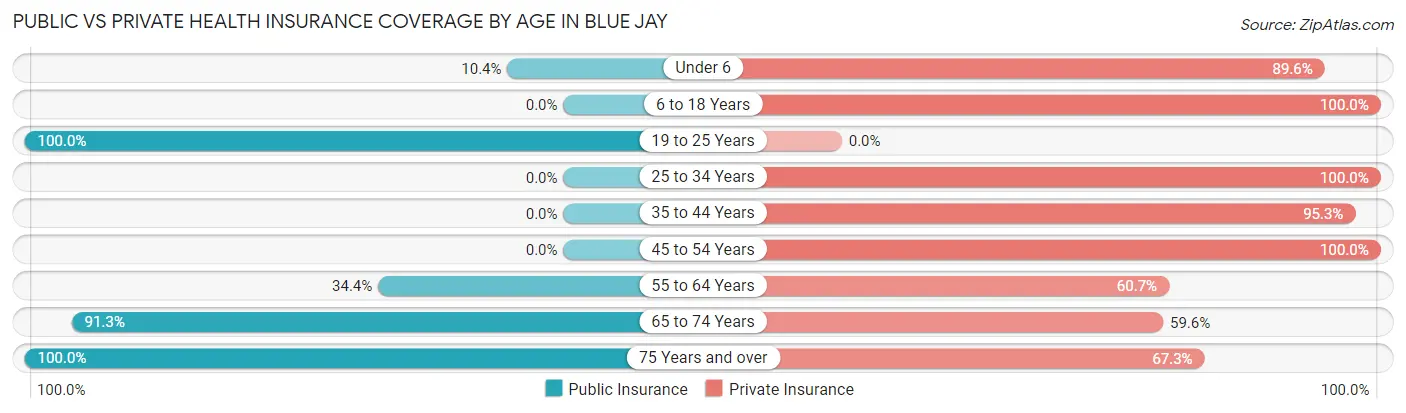 Public vs Private Health Insurance Coverage by Age in Blue Jay