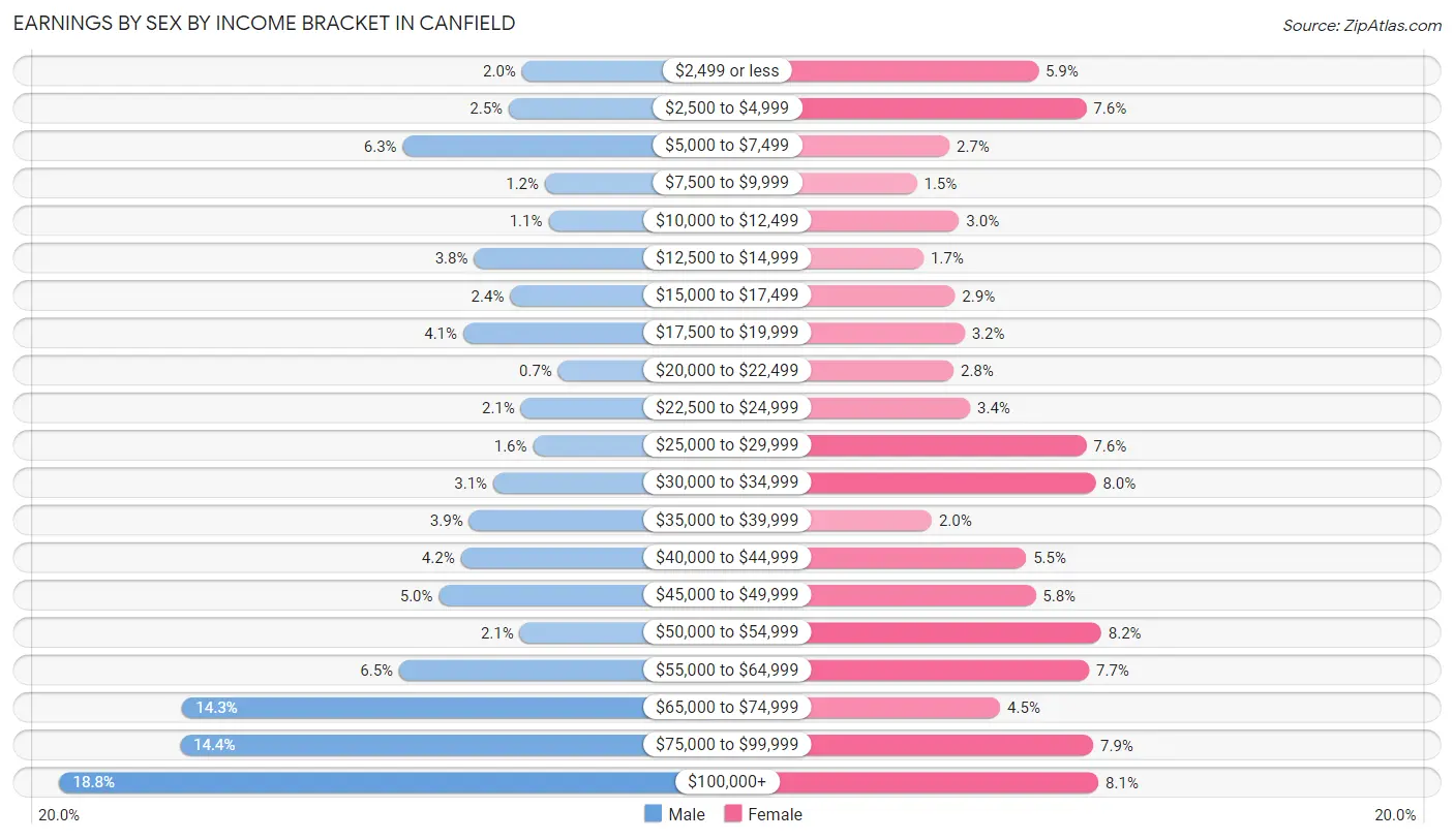 Earnings by Sex by Income Bracket in Canfield