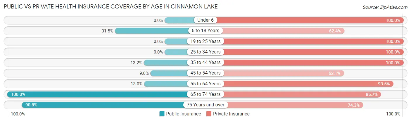 Public vs Private Health Insurance Coverage by Age in Cinnamon Lake