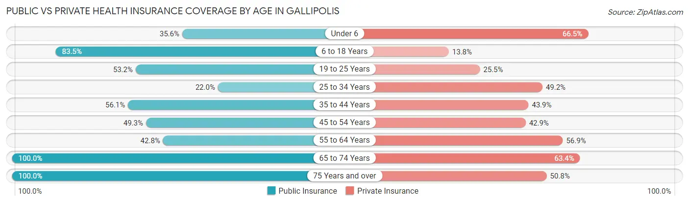 Public vs Private Health Insurance Coverage by Age in Gallipolis