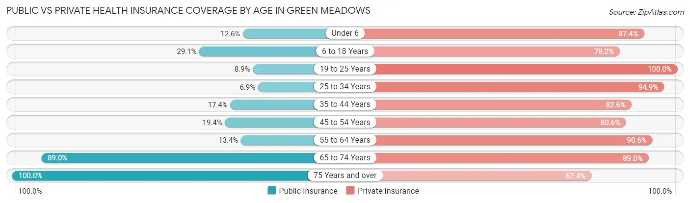 Public vs Private Health Insurance Coverage by Age in Green Meadows