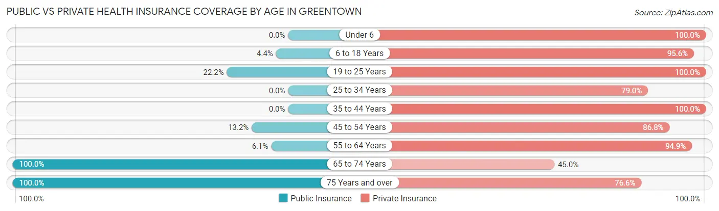 Public vs Private Health Insurance Coverage by Age in Greentown