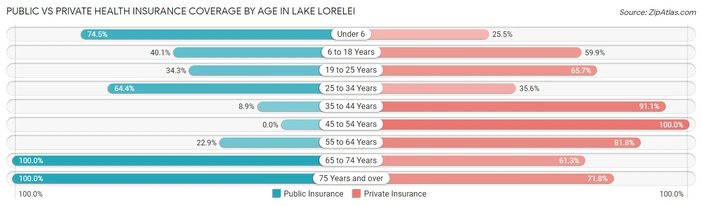 Public vs Private Health Insurance Coverage by Age in Lake Lorelei