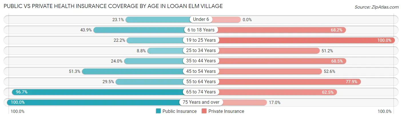Public vs Private Health Insurance Coverage by Age in Logan Elm Village