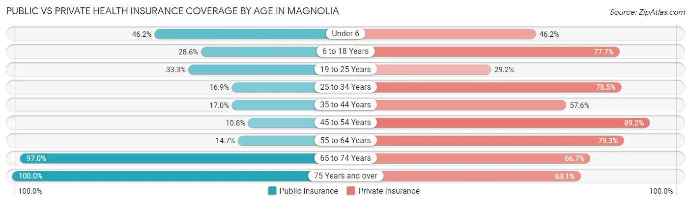 Public vs Private Health Insurance Coverage by Age in Magnolia