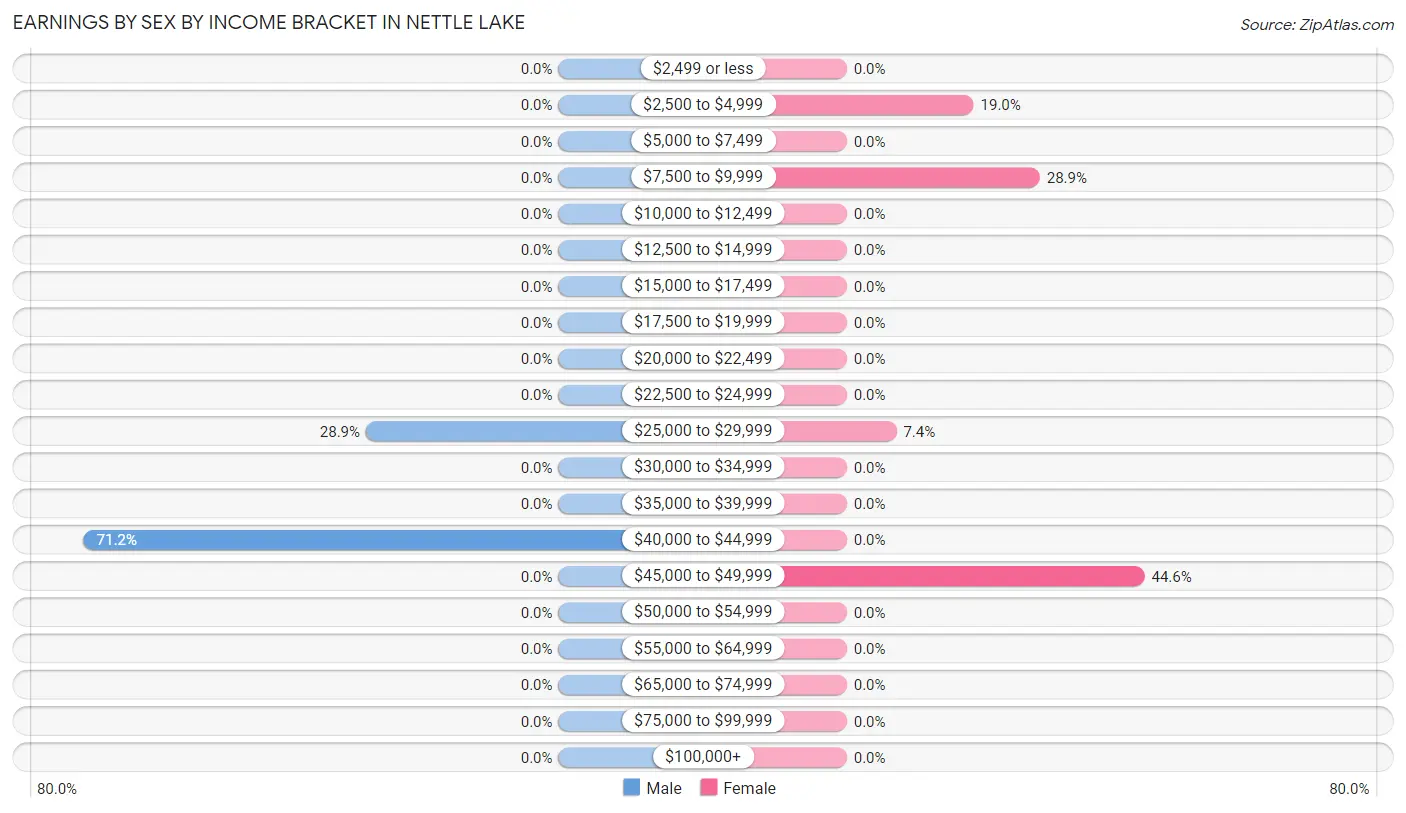 Earnings by Sex by Income Bracket in Nettle Lake