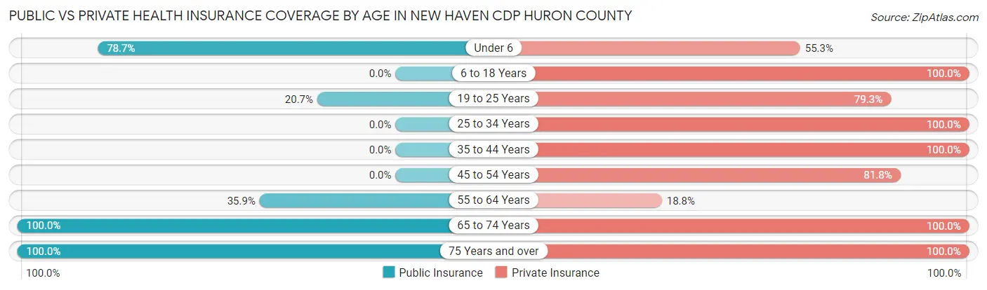Public vs Private Health Insurance Coverage by Age in New Haven CDP Huron County