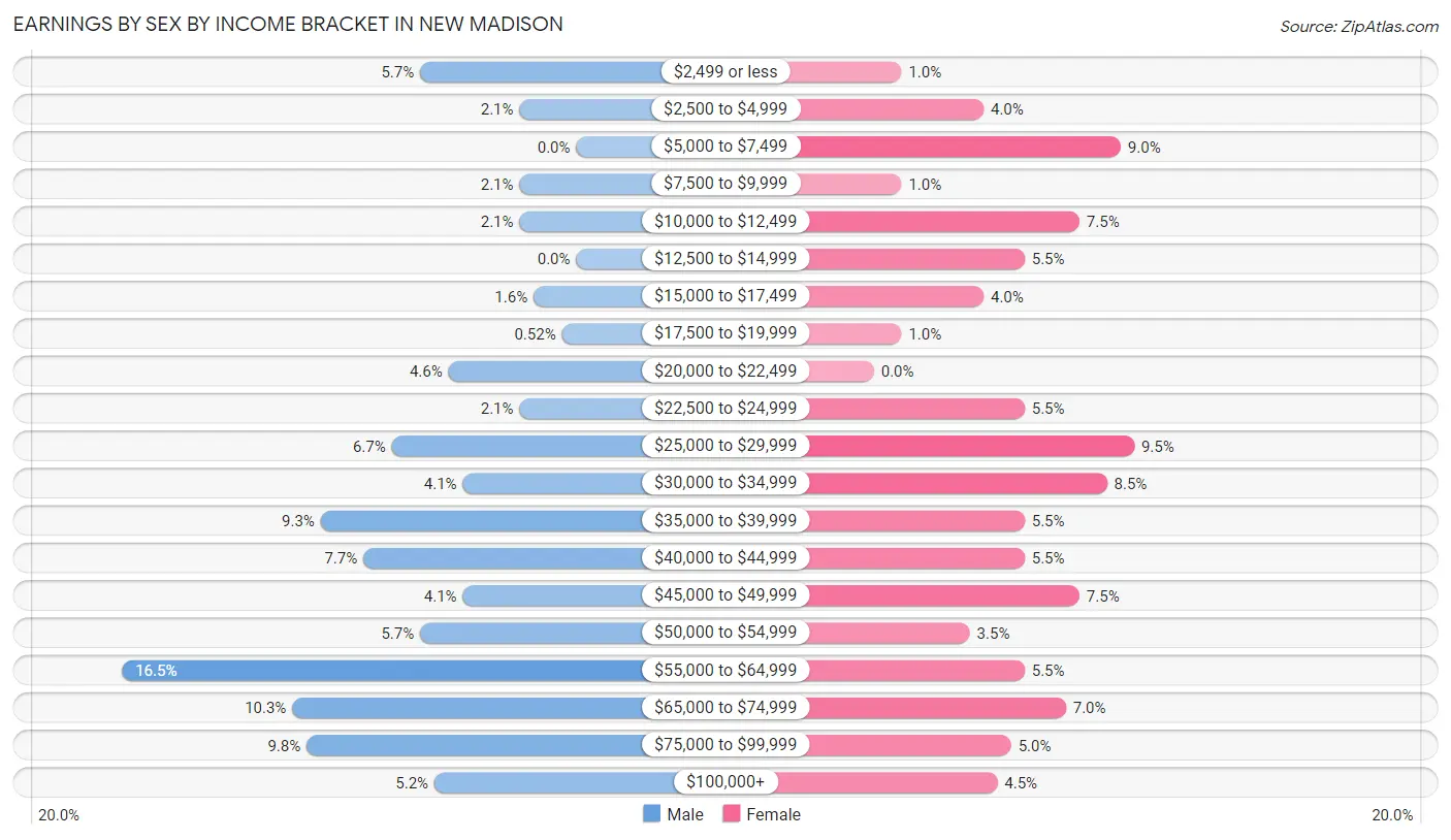 Earnings by Sex by Income Bracket in New Madison
