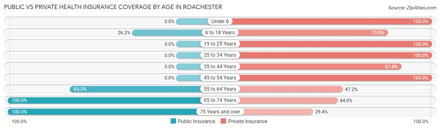 Public vs Private Health Insurance Coverage by Age in Roachester