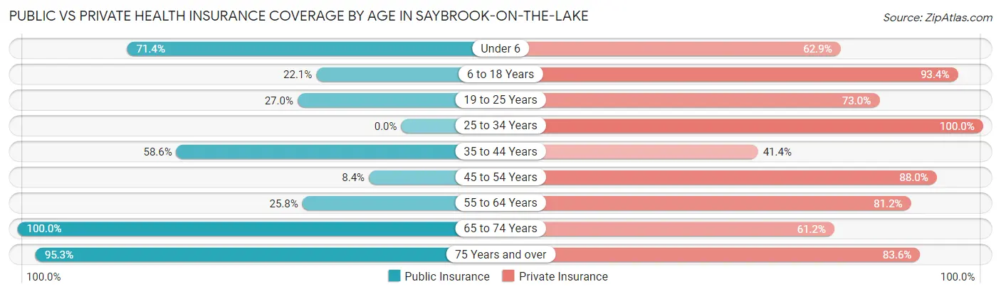 Public vs Private Health Insurance Coverage by Age in Saybrook-on-the-Lake