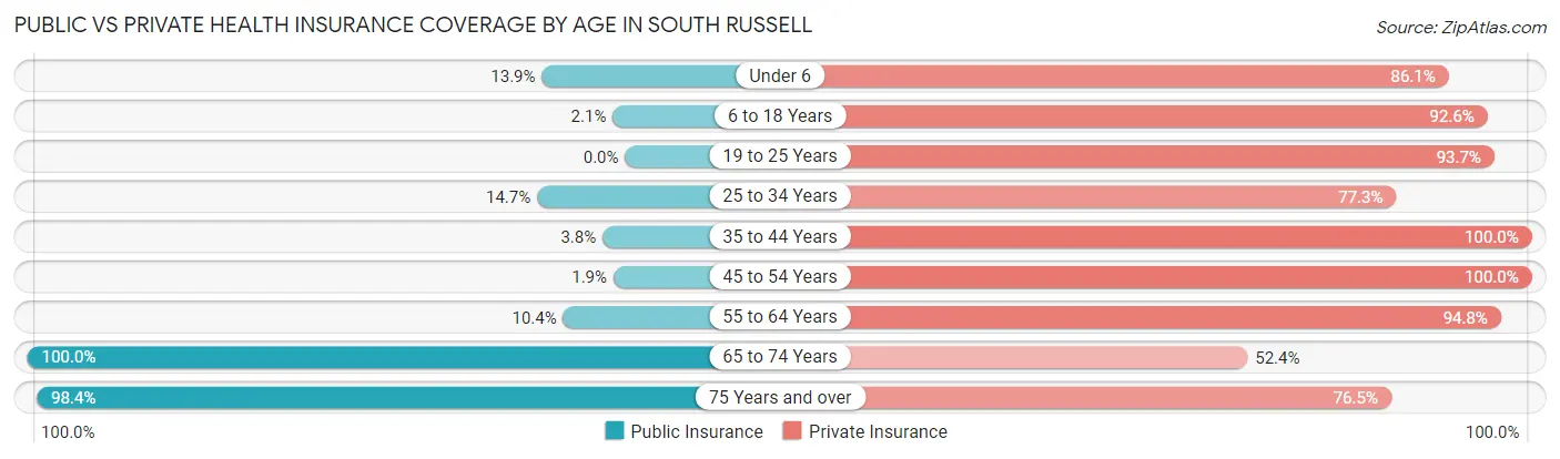 Public vs Private Health Insurance Coverage by Age in South Russell