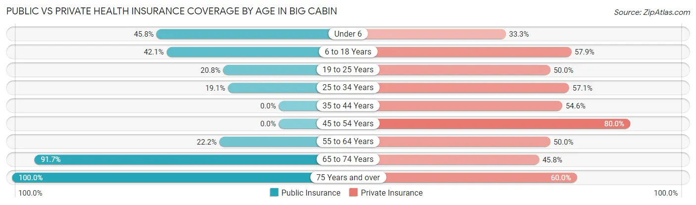 Public vs Private Health Insurance Coverage by Age in Big Cabin