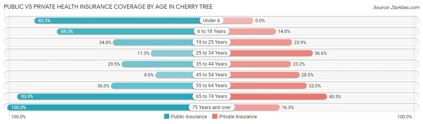 Public vs Private Health Insurance Coverage by Age in Cherry Tree