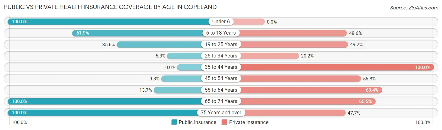 Public vs Private Health Insurance Coverage by Age in Copeland