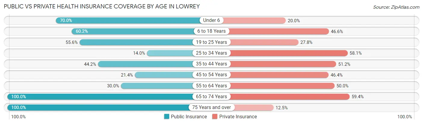 Public vs Private Health Insurance Coverage by Age in Lowrey