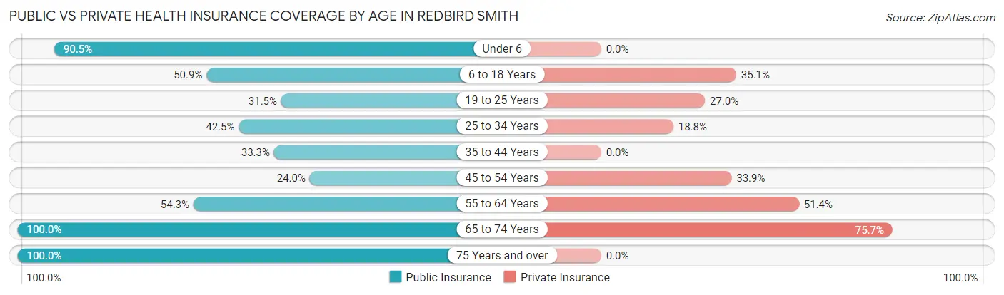Public vs Private Health Insurance Coverage by Age in Redbird Smith