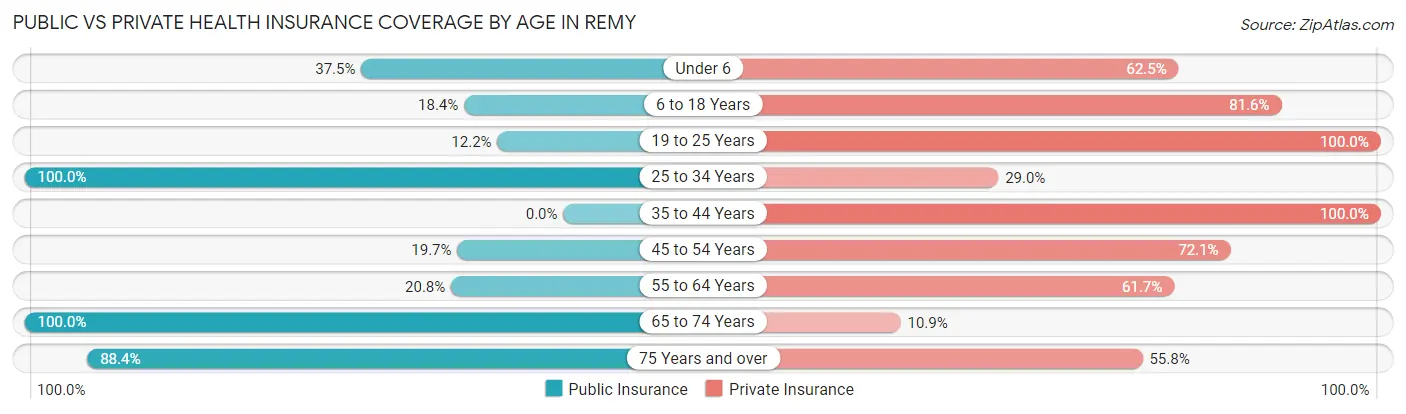 Public vs Private Health Insurance Coverage by Age in Remy