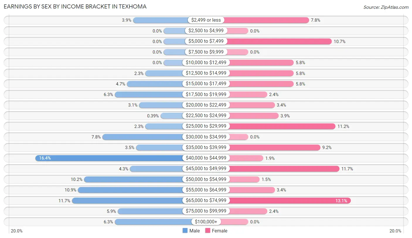 Earnings by Sex by Income Bracket in Texhoma