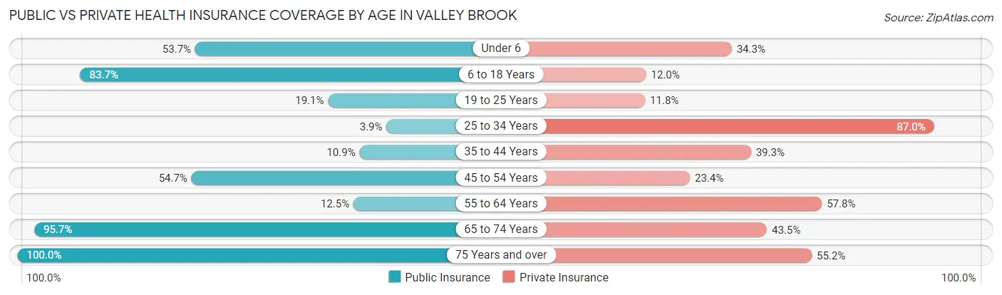 Public vs Private Health Insurance Coverage by Age in Valley Brook