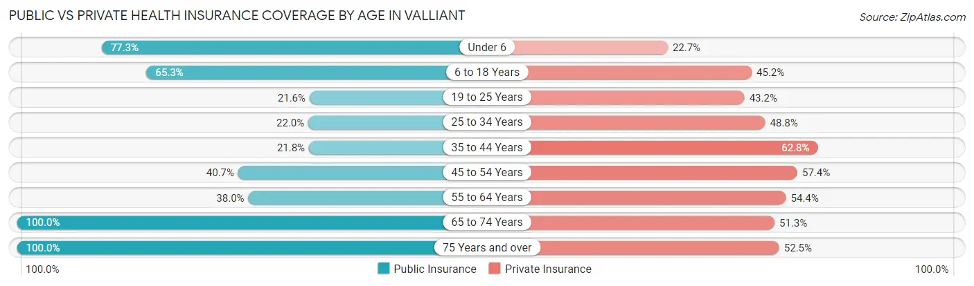 Public vs Private Health Insurance Coverage by Age in Valliant