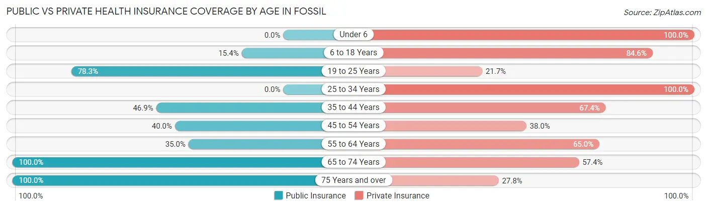 Public vs Private Health Insurance Coverage by Age in Fossil