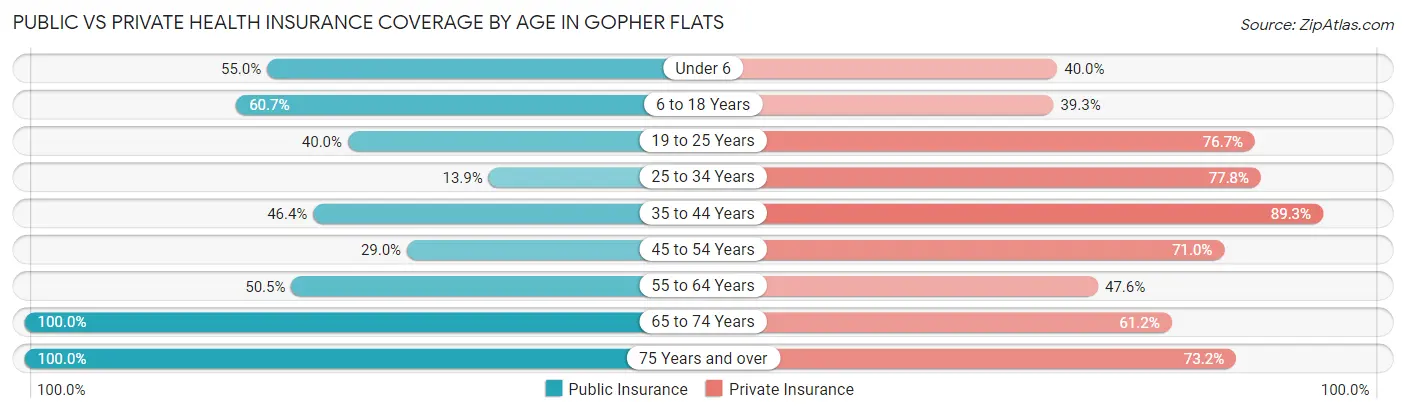 Public vs Private Health Insurance Coverage by Age in Gopher Flats