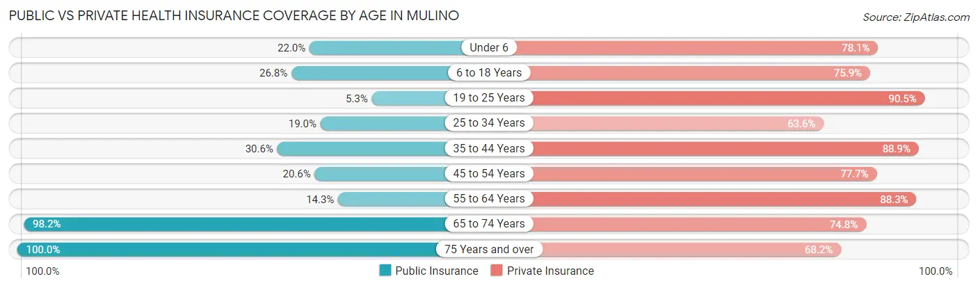 Public vs Private Health Insurance Coverage by Age in Mulino