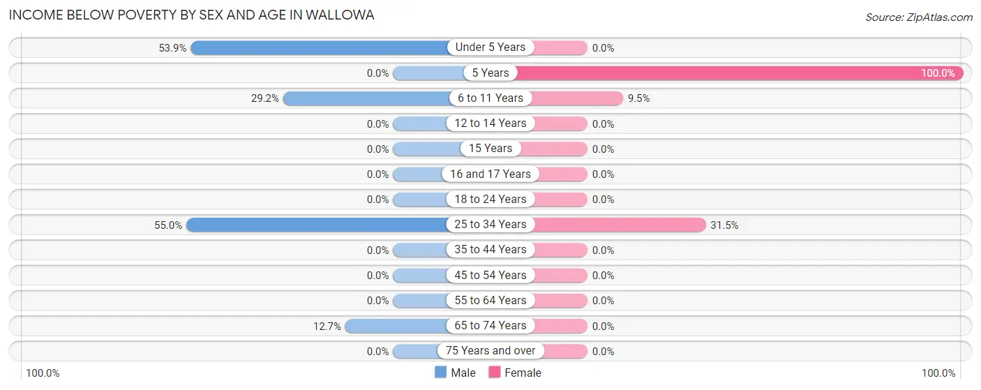 Income Below Poverty by Sex and Age in Wallowa