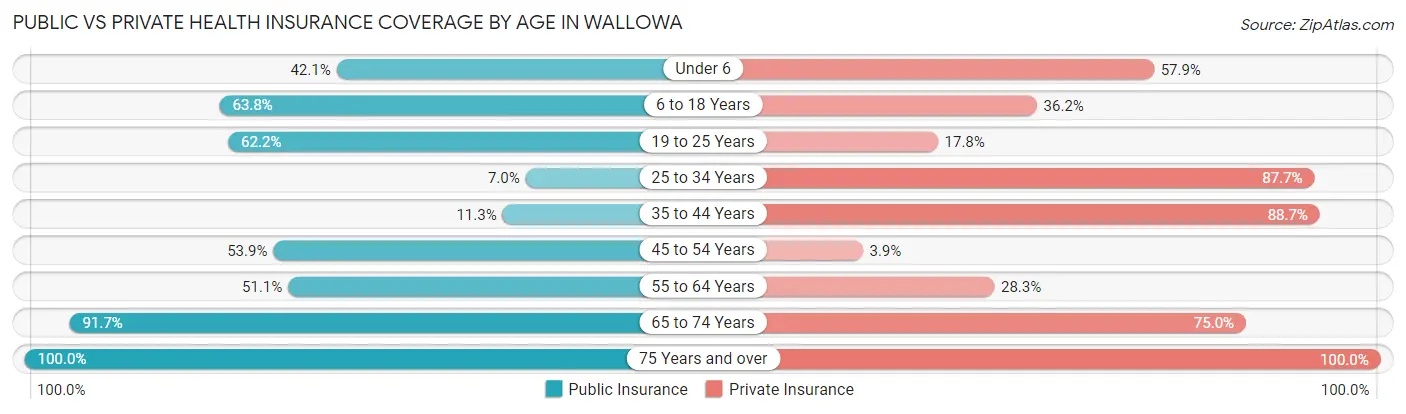 Public vs Private Health Insurance Coverage by Age in Wallowa