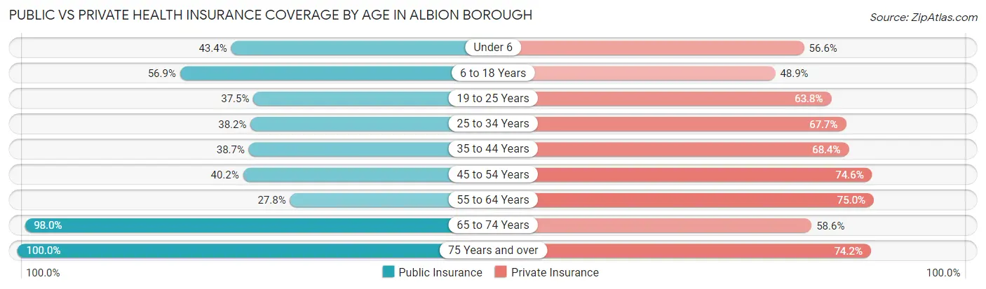 Public vs Private Health Insurance Coverage by Age in Albion borough