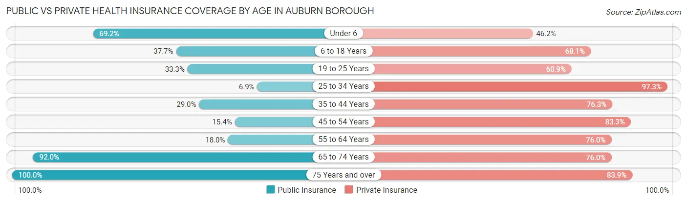 Public vs Private Health Insurance Coverage by Age in Auburn borough