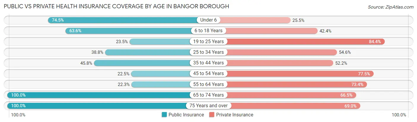Public vs Private Health Insurance Coverage by Age in Bangor borough