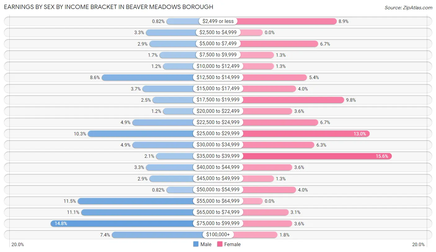 Earnings by Sex by Income Bracket in Beaver Meadows borough
