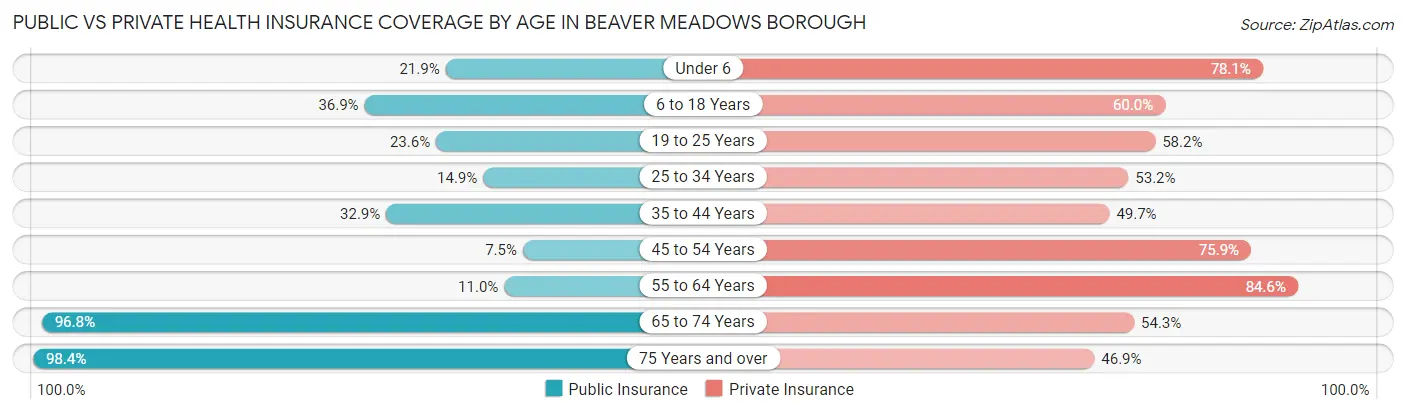 Public vs Private Health Insurance Coverage by Age in Beaver Meadows borough