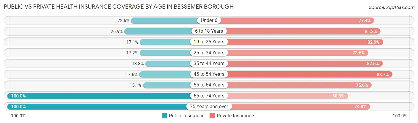 Public vs Private Health Insurance Coverage by Age in Bessemer borough